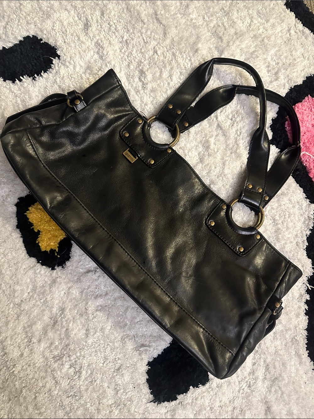 Kenneth Cole Reaction Black Leather Tote with Ring Hardware